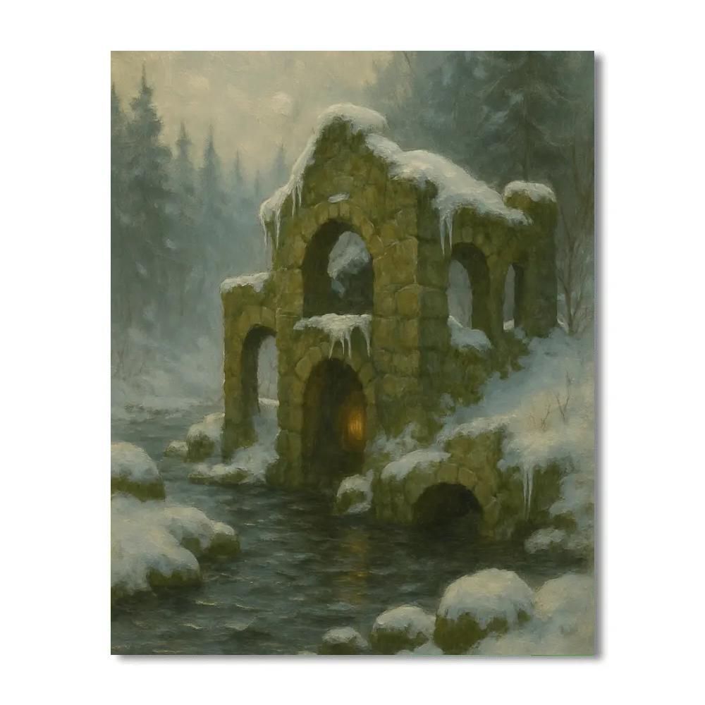 Winter Stream Beside A Mossy Mill Ruin Number painting