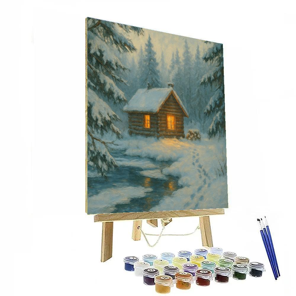 Winter Pine Cabin And Frozen Creek Number painting