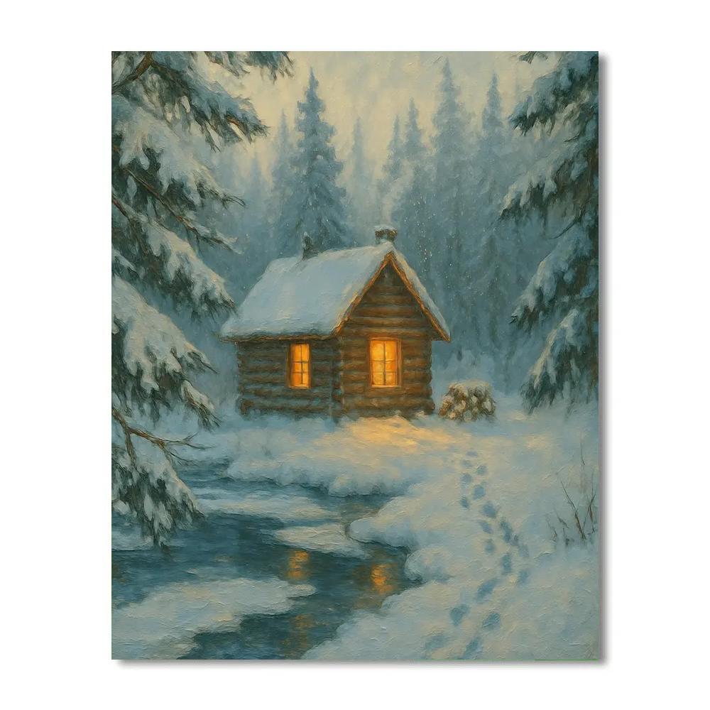 Winter Pine Cabin And Frozen Creek Number painting
