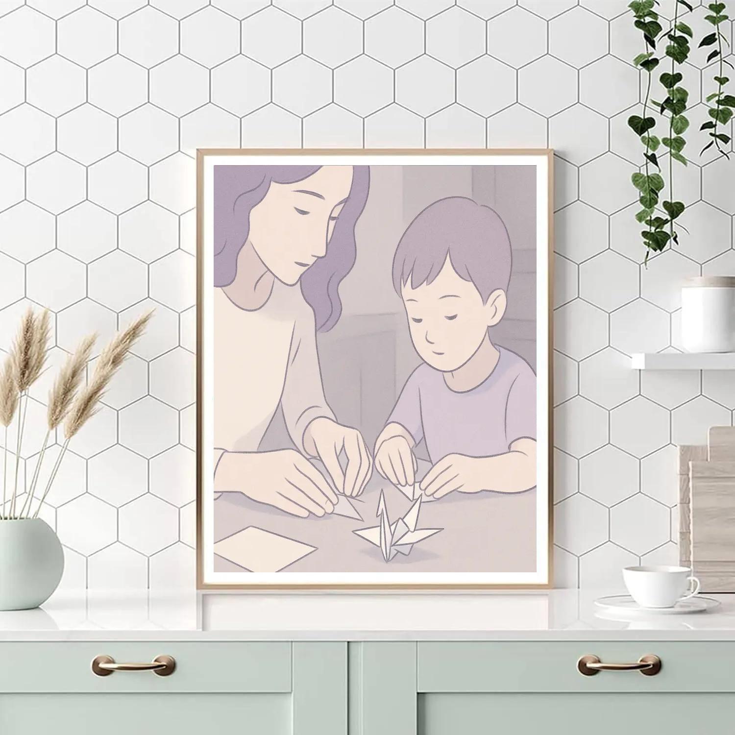 Mother And Child Folding Paper Cranes painting number kit