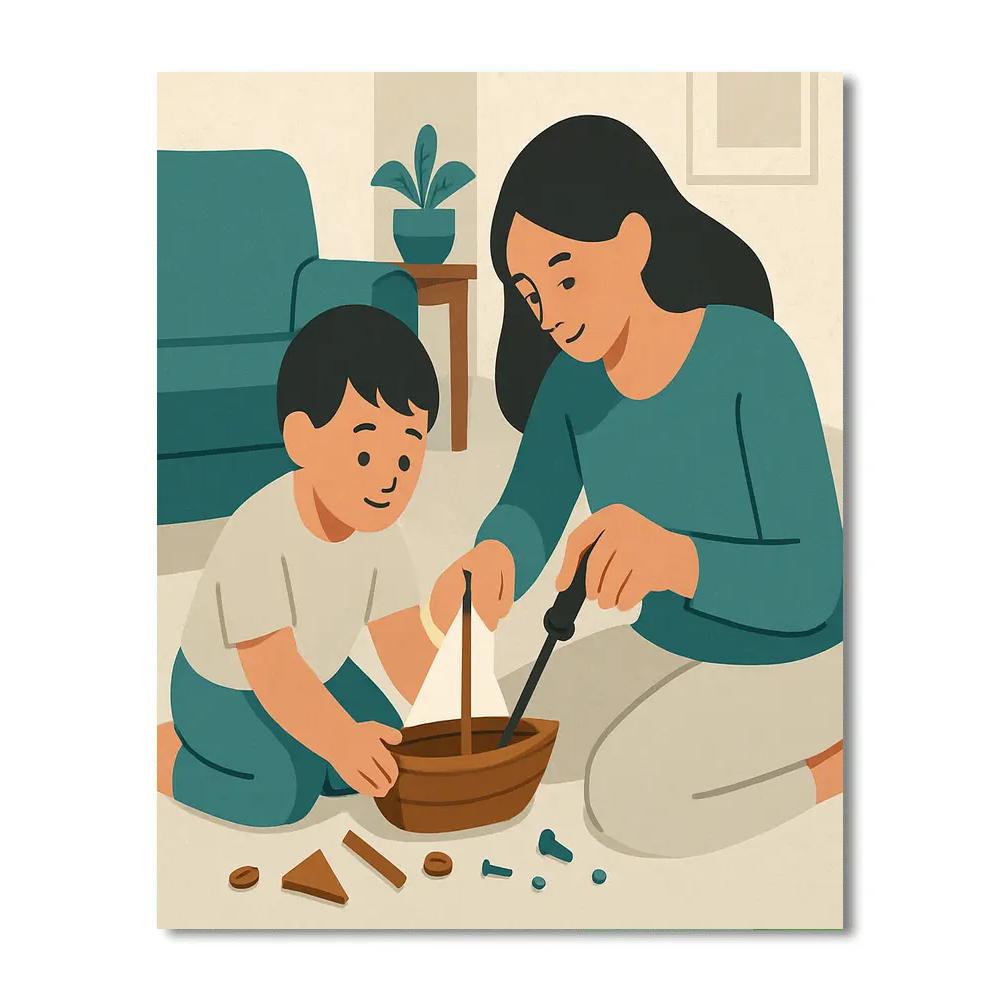 Mother And Child Building A Tiny Boat painting number kit