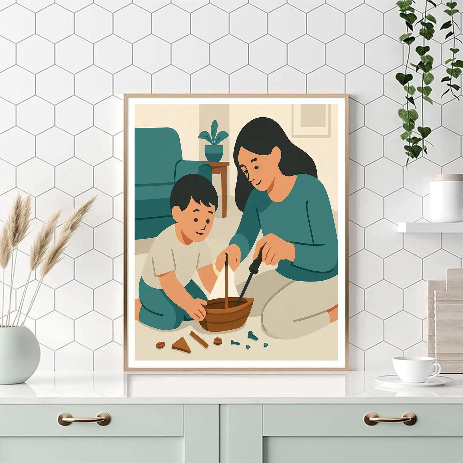 Mother And Child Building A Tiny Boat painting number kit