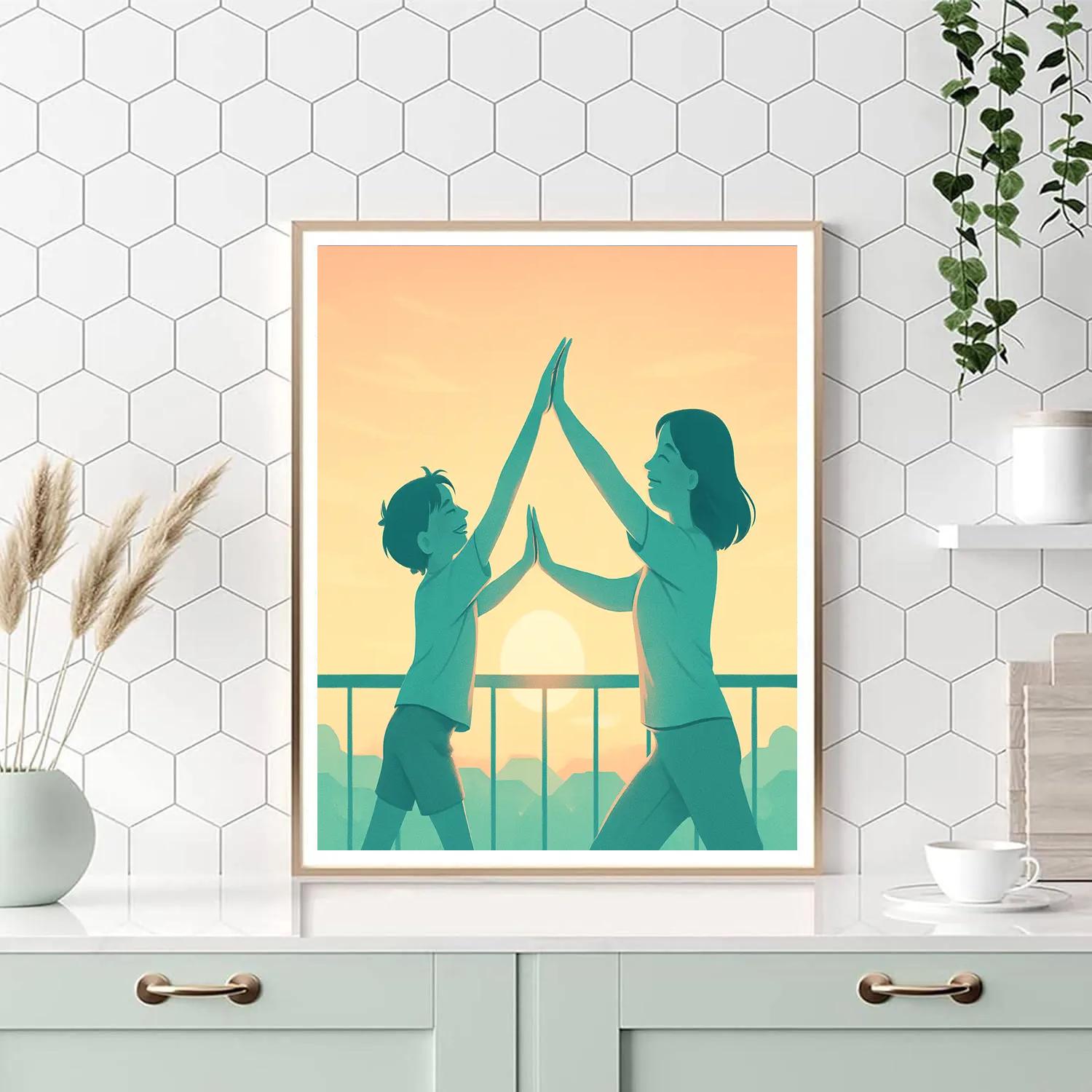 Mother And Child Balcony Sunrise Stretch Paint by numbers kits