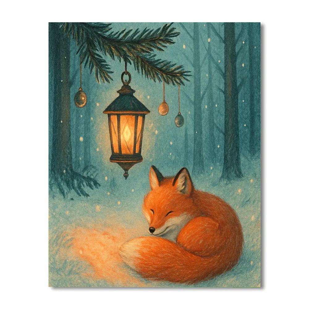 Winter Fox Beside Lantern Tree paint by number