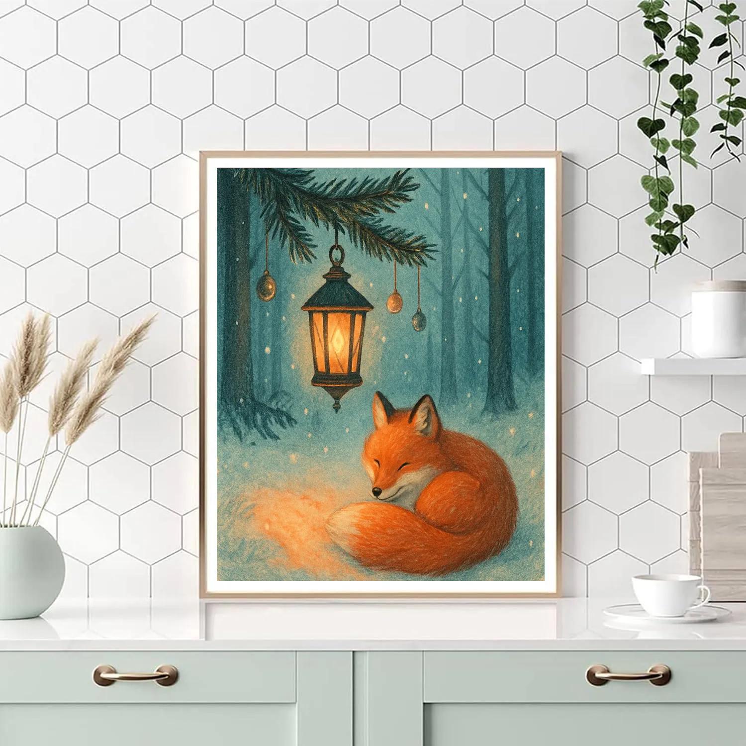 Winter Fox Beside Lantern Tree paint by number