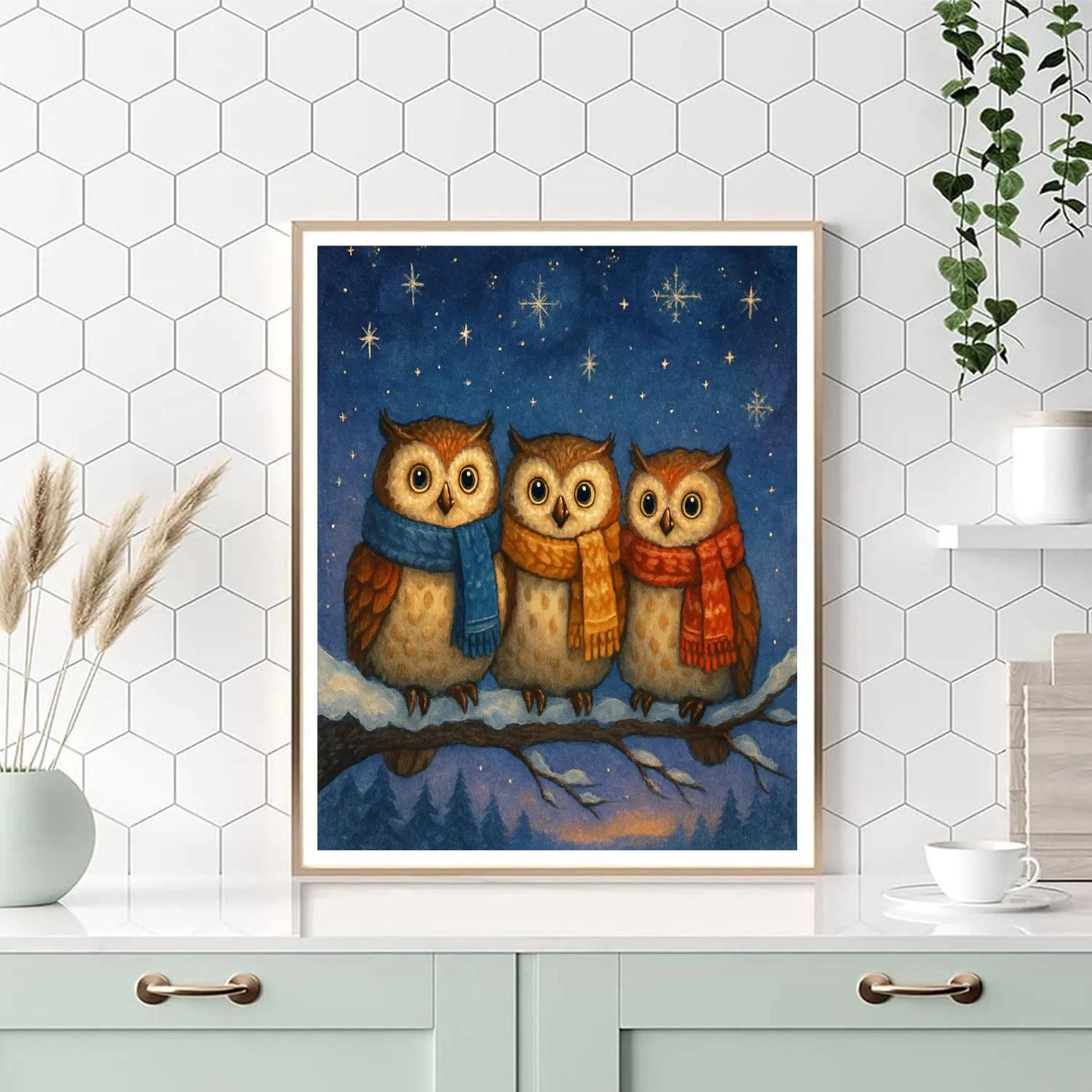 Christmas Owls On Midnight Branch Painting by numbers kit