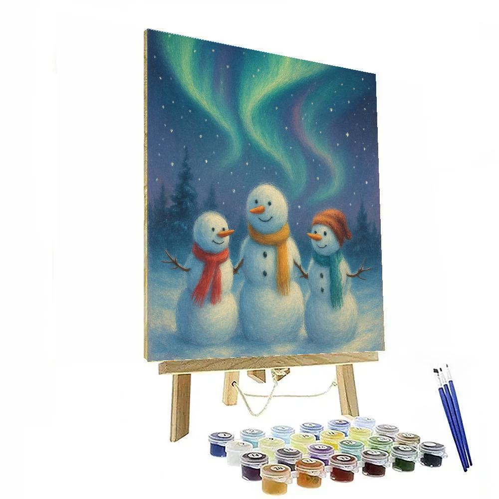 Snowman Family Under Aurora Sky Number painting