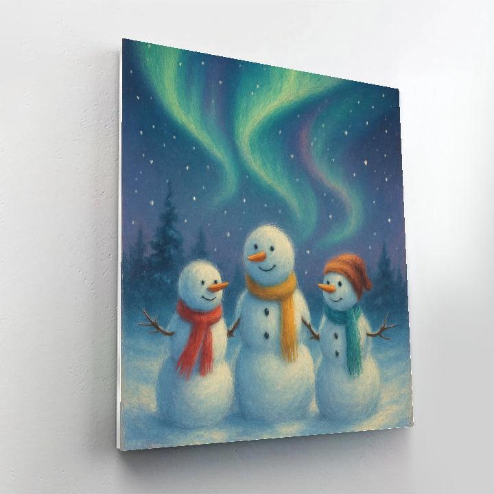 Snowman Family Under Aurora Sky Number painting