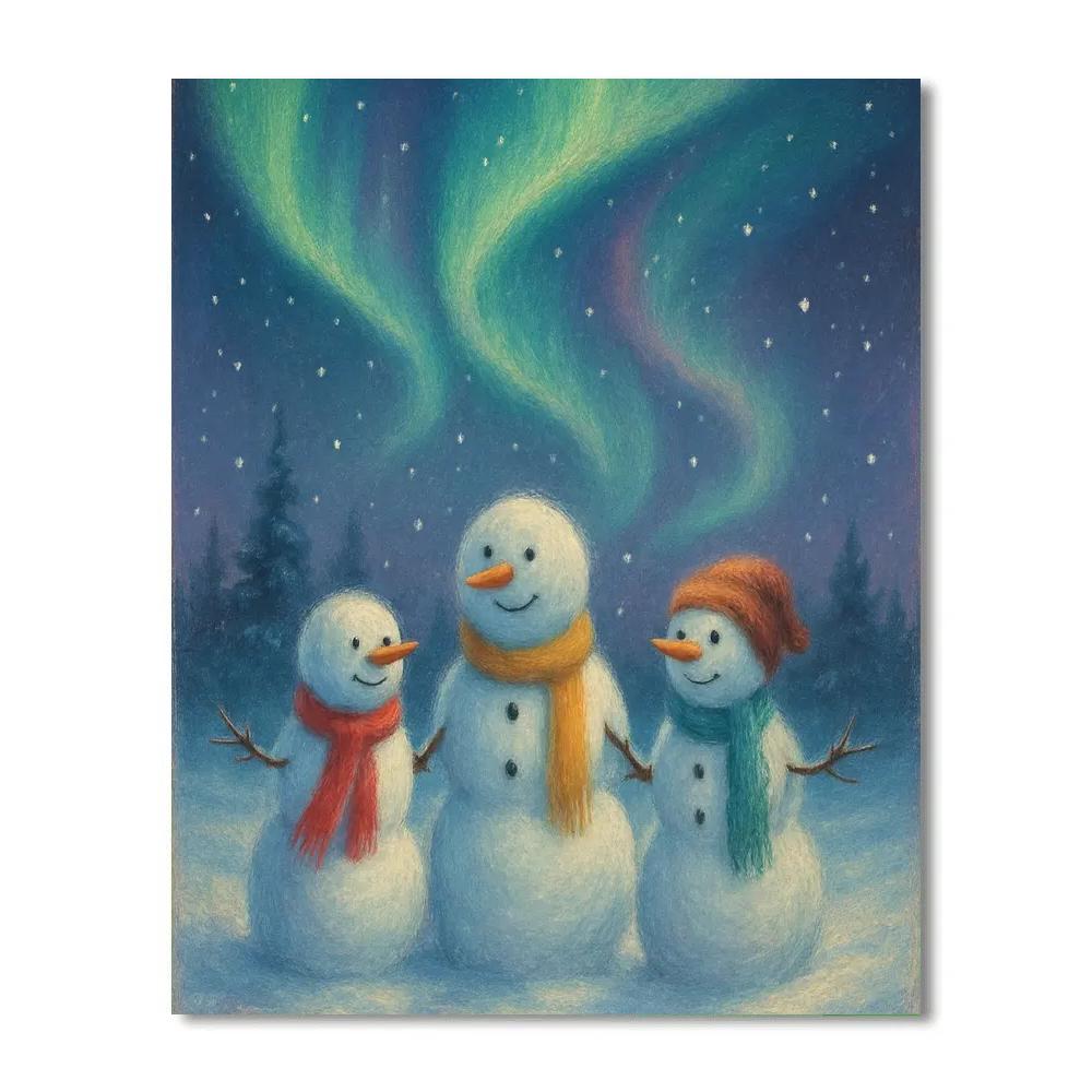 Snowman Family Under Aurora Sky Number painting