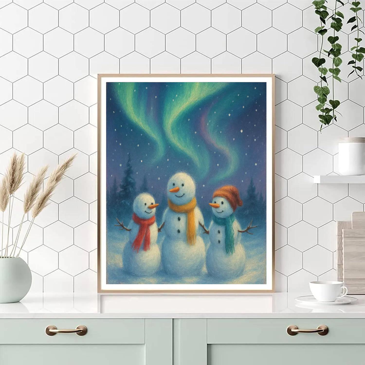 Snowman Family Under Aurora Sky Number painting