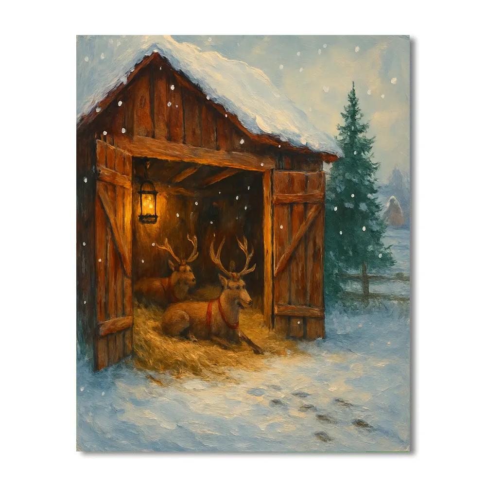 Reindeer Stable On Frosty Farm Numbered painting kits