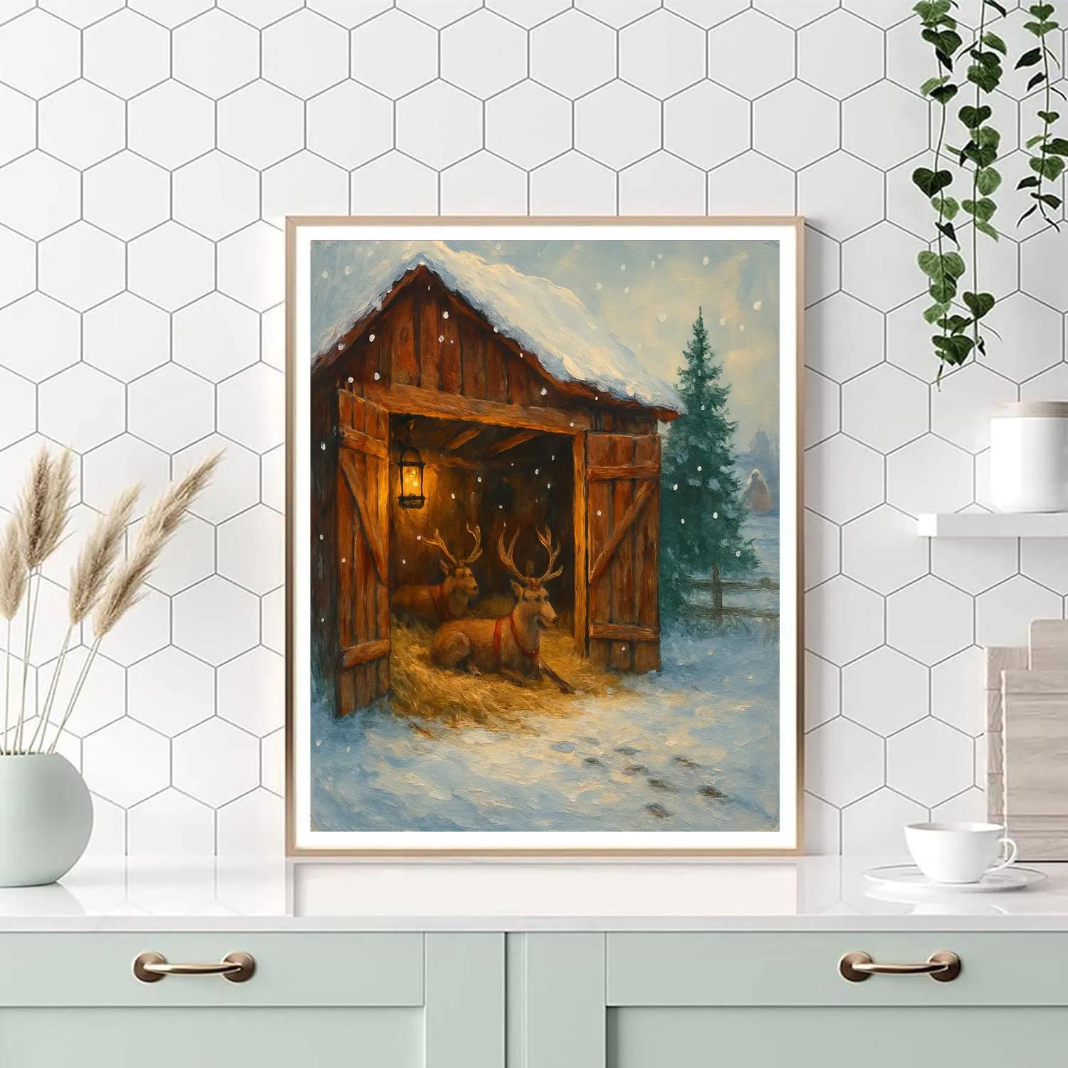Reindeer Stable On Frosty Farm Numbered painting kits