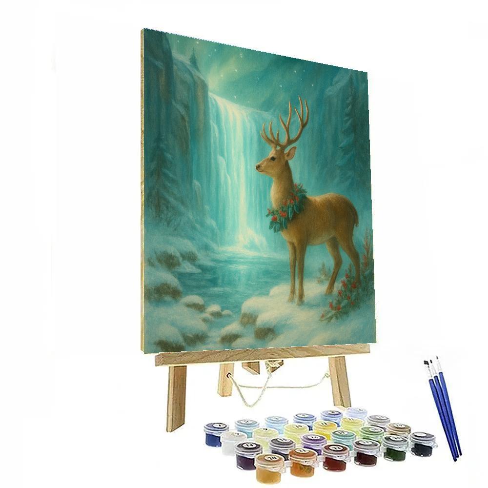 Christmas Deer Beside Frozen Waterfall Number painting