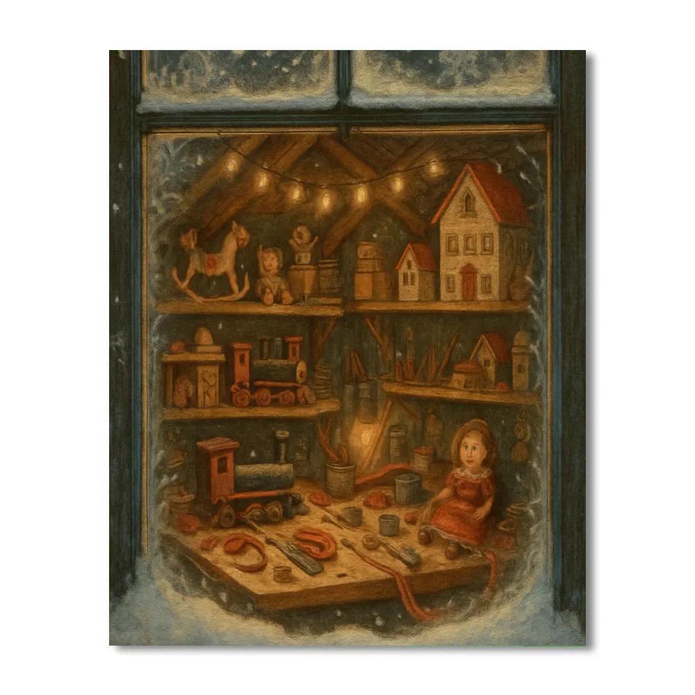 Toy Workshop At Winter Attic Window Paint by numbers art