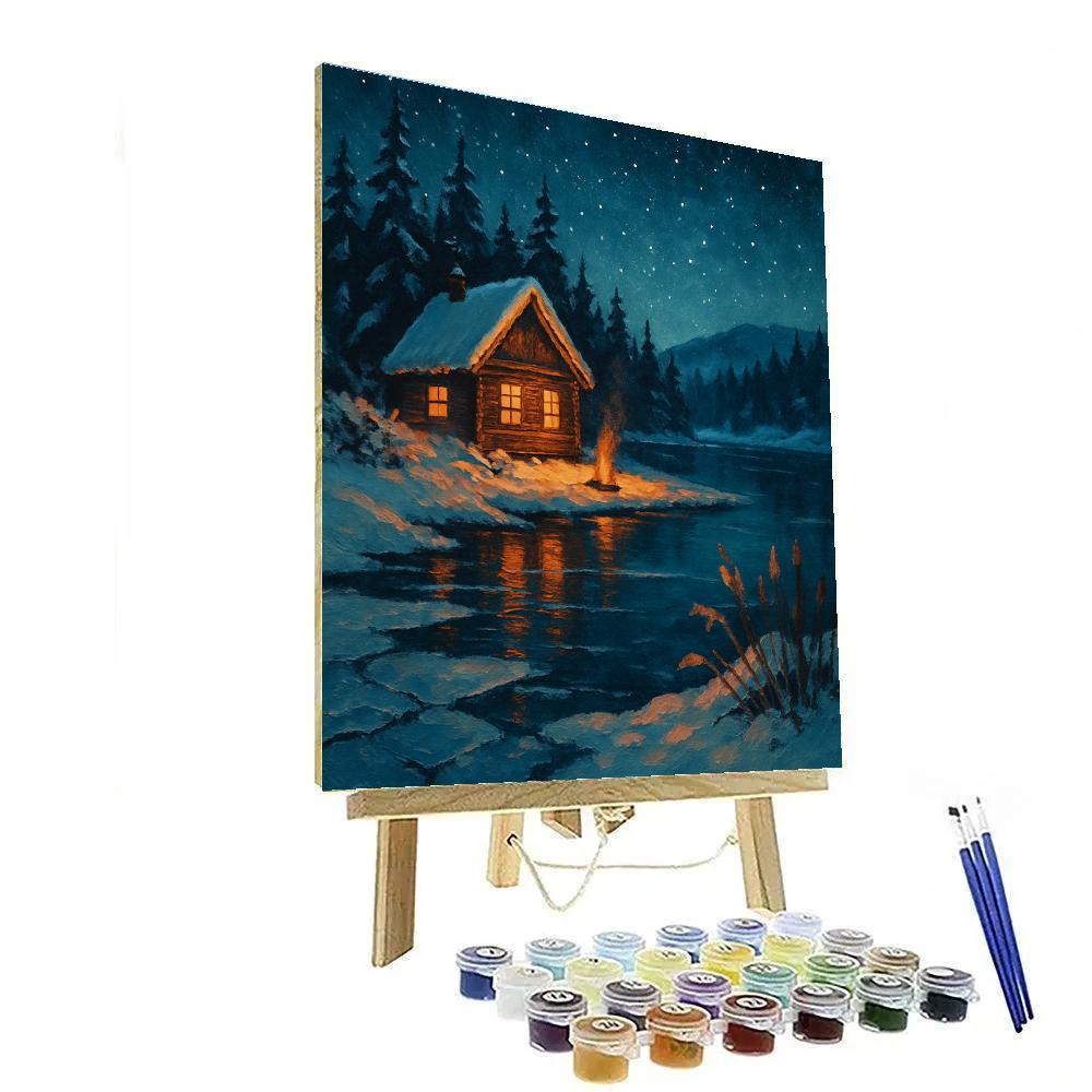 Christmas Cabin At Frozen Lake Edge Numbered painting kits