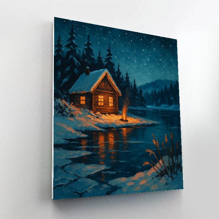 Christmas Cabin At Frozen Lake Edge Numbered painting kits