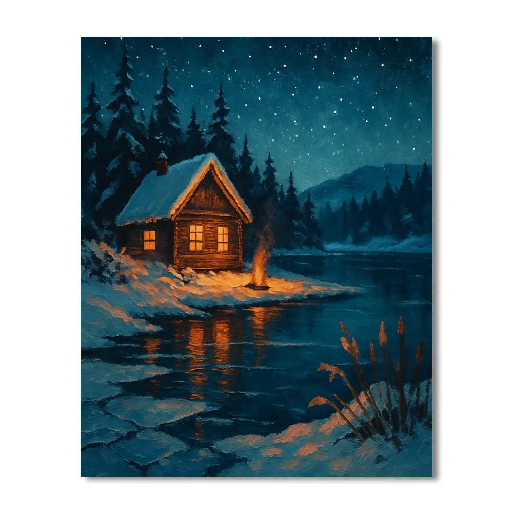 Christmas Cabin At Frozen Lake Edge Numbered painting kits