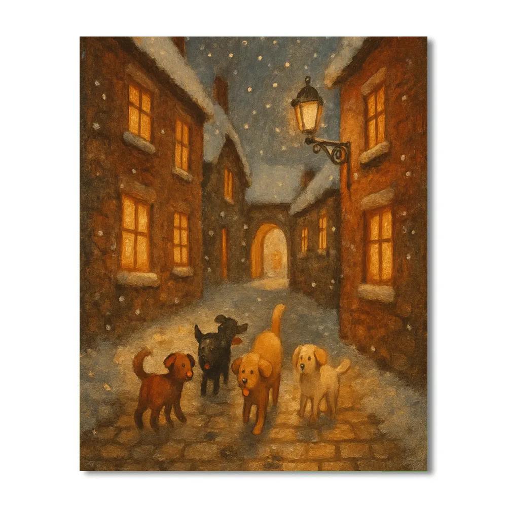 Christmas Dogs In Winter Alley painting number kit