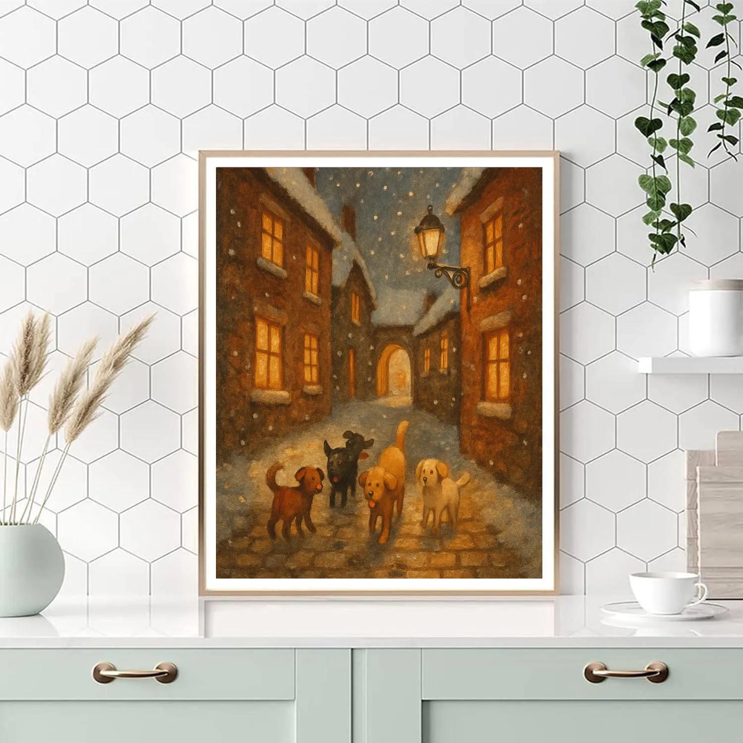Christmas Dogs In Winter Alley painting number kit