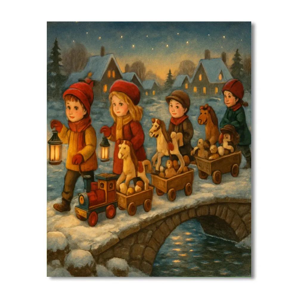 Snowy Toy Parade At Village Bridge DIY paint by numbers