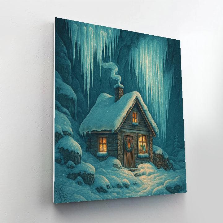 Christmas Cottage Beneath Icicle Cliffs Numbered painting kits