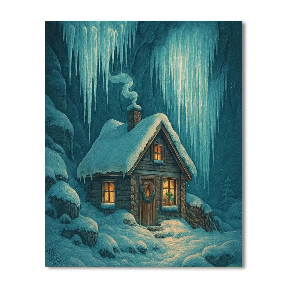 Christmas Cottage Beneath Icicle Cliffs Numbered painting kits