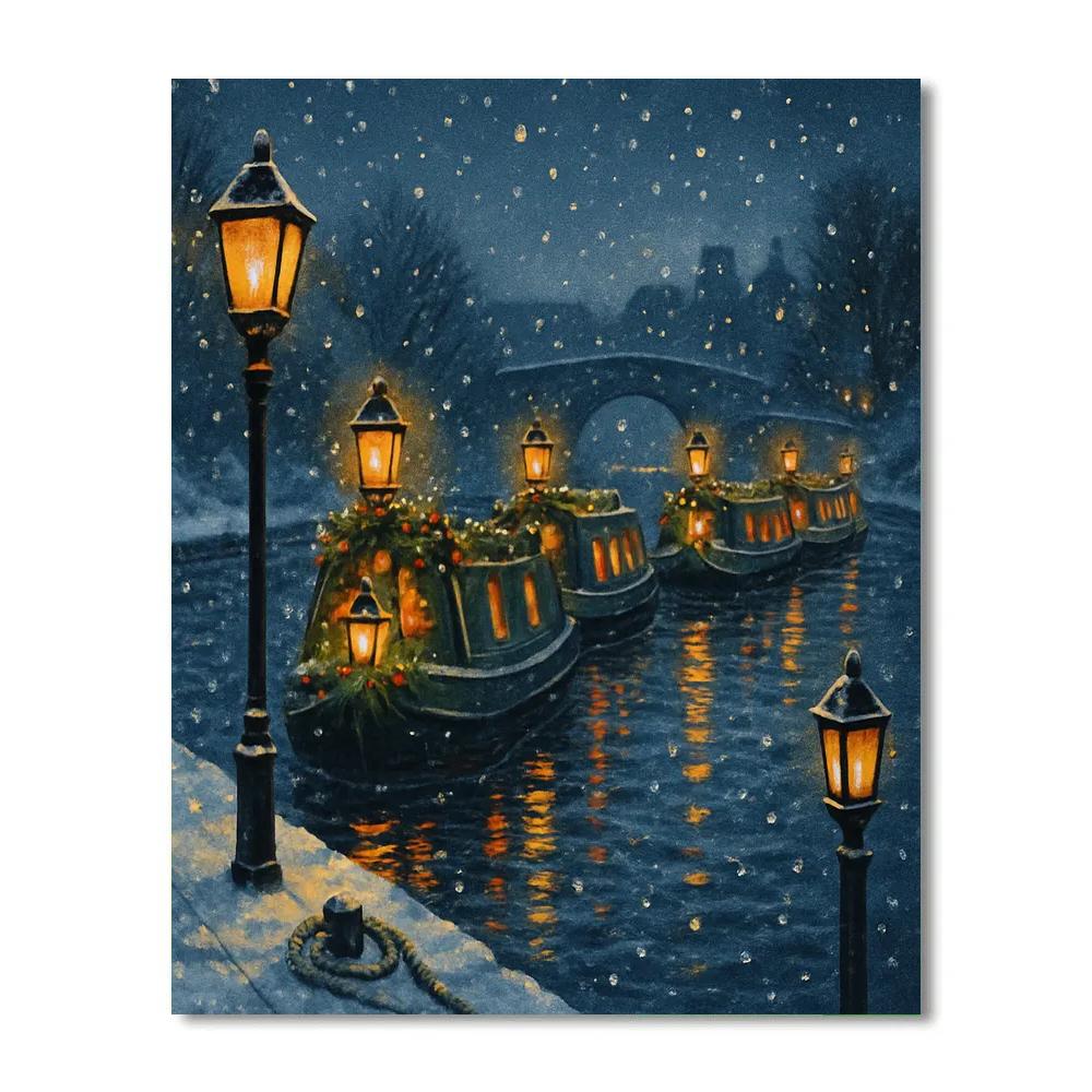 Winter Lantern Boats On Canal paint by color