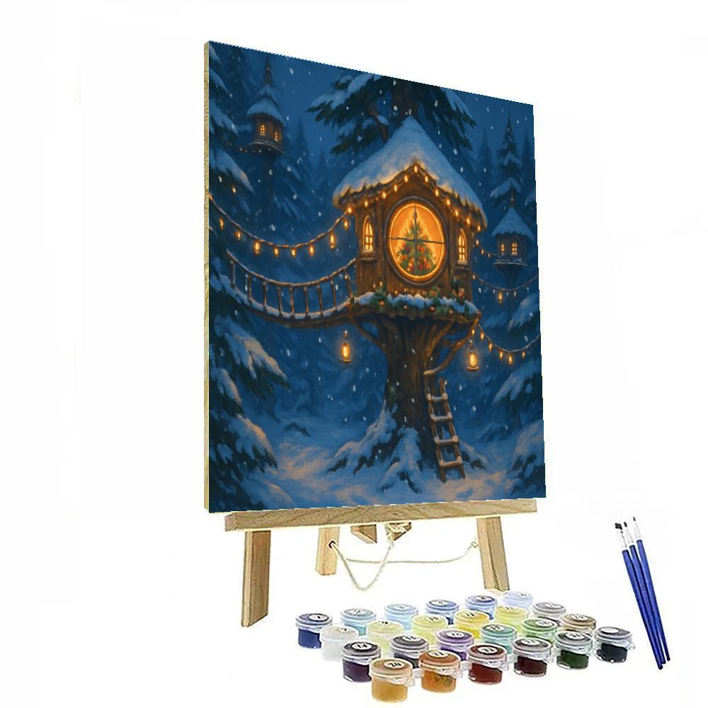 Snowy Treehouse With Christmas Rope Bridge paint by number