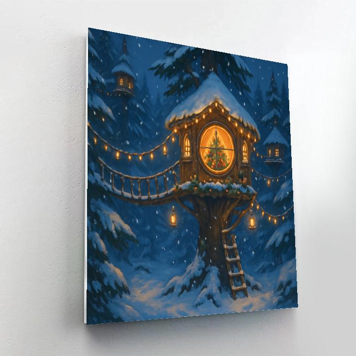 Snowy Treehouse With Christmas Rope Bridge paint by number