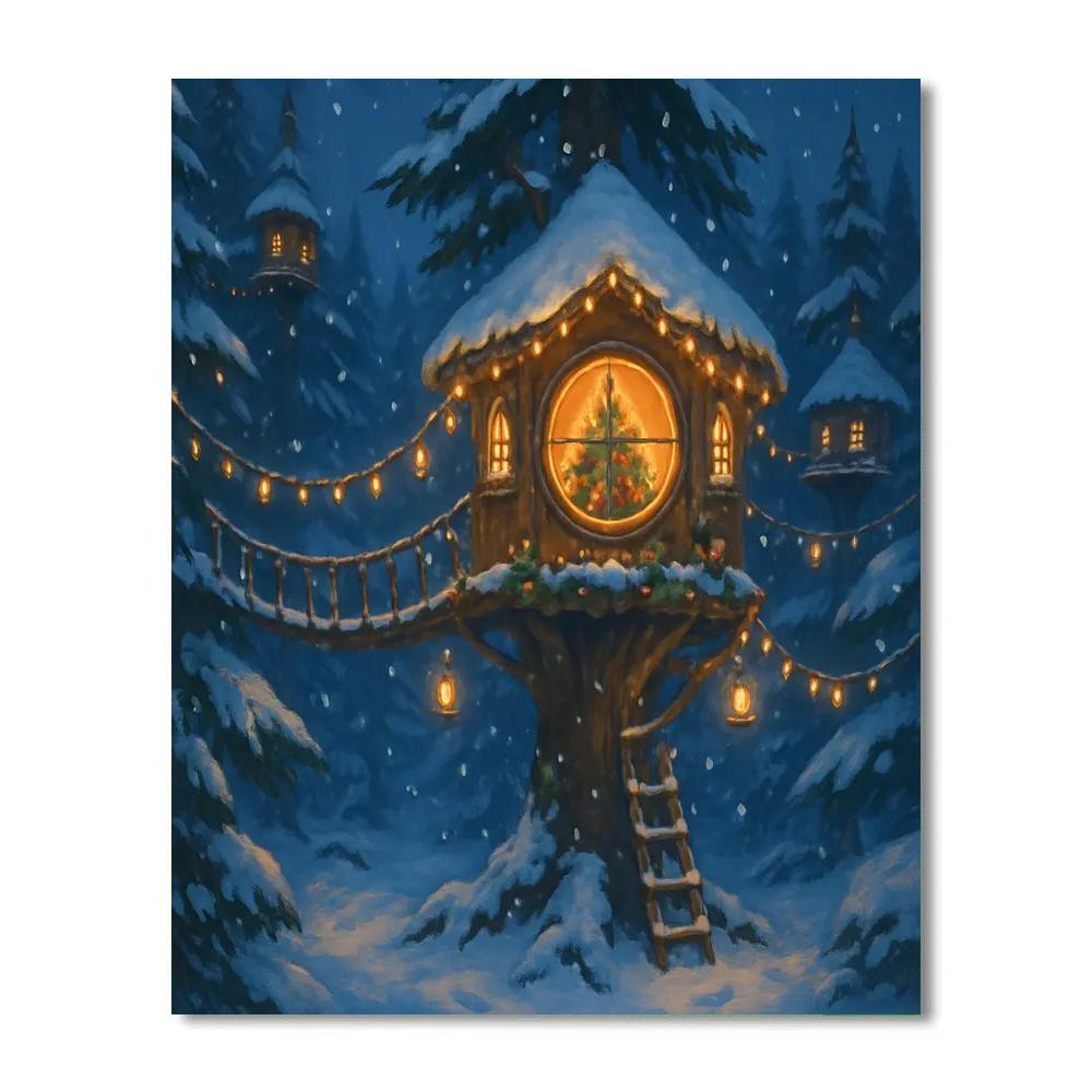 Snowy Treehouse With Christmas Rope Bridge paint by number