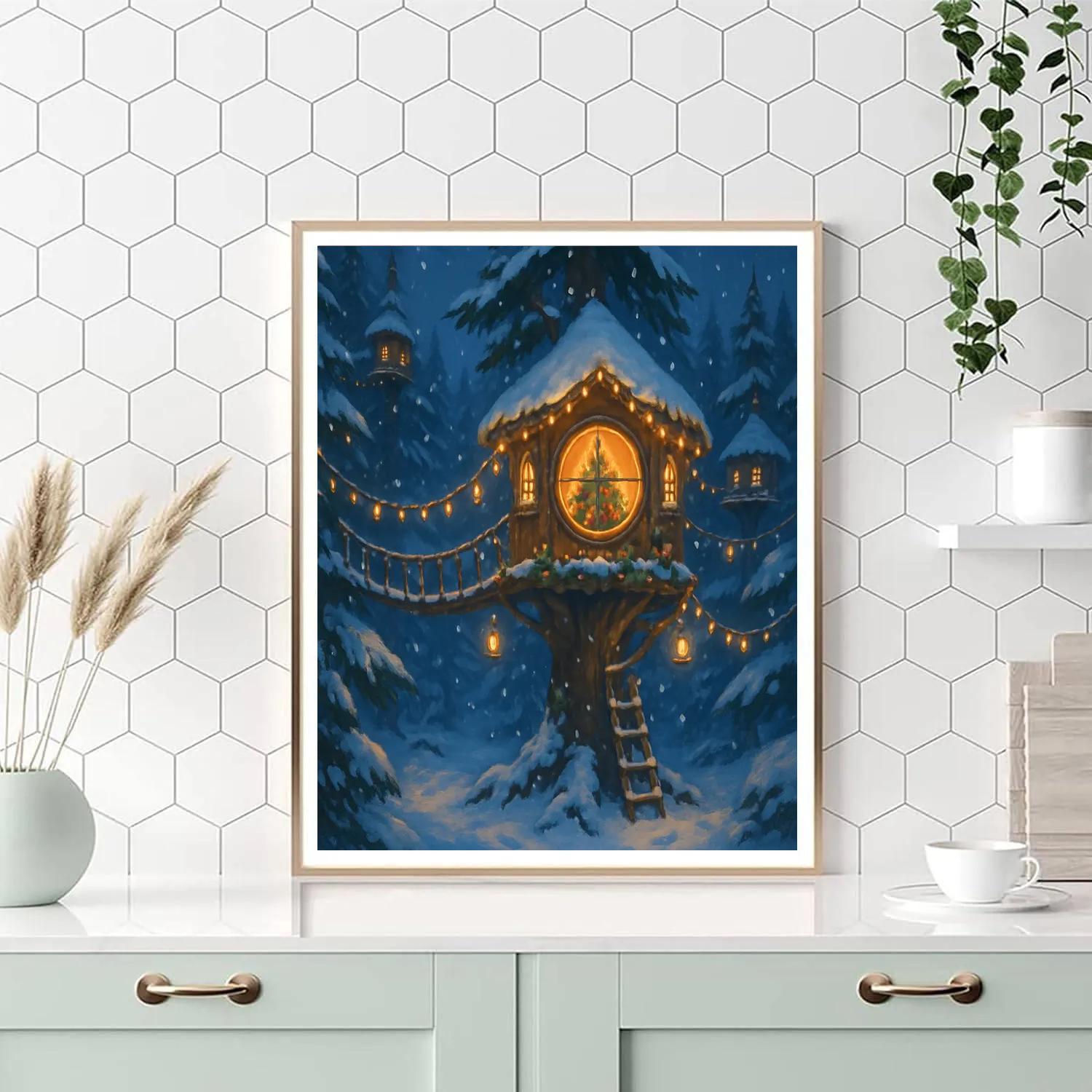 Snowy Treehouse With Christmas Rope Bridge paint by number