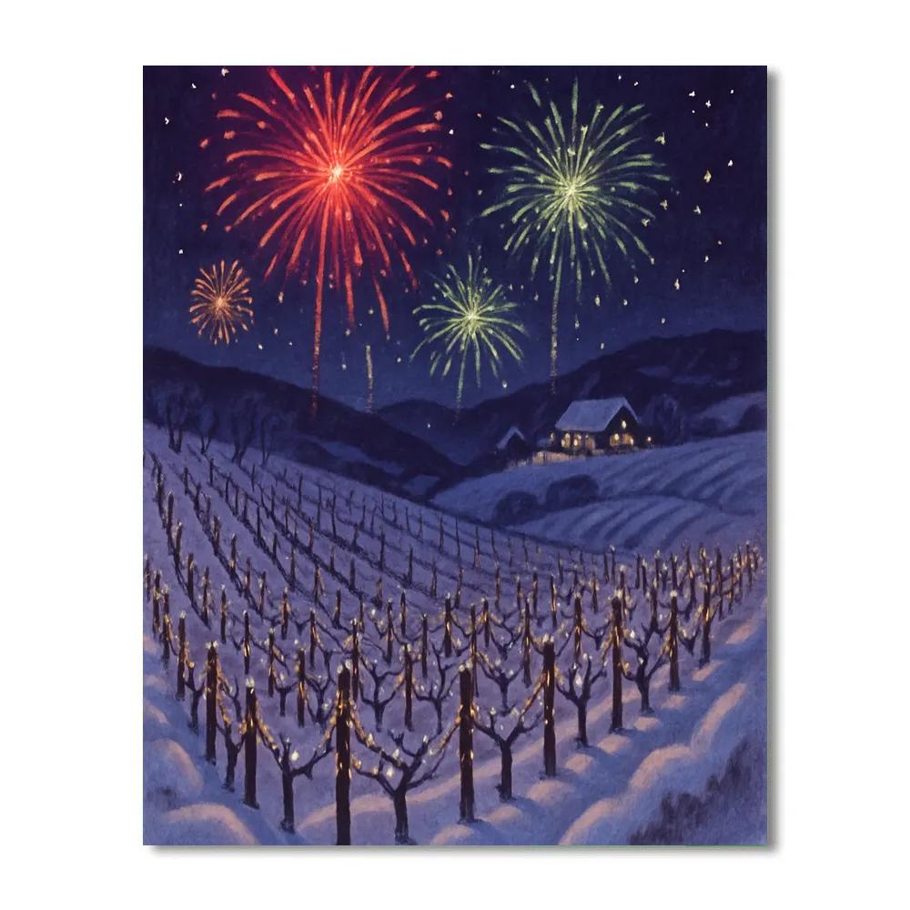 Winter Fireworks Above Snowy Vineyard DIY paint by numbers