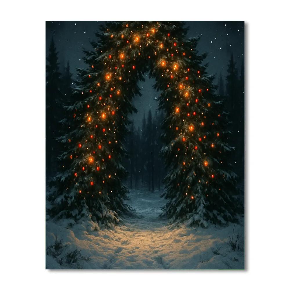 Glowing Evergreen Arch Over Frozen Path paint by number
