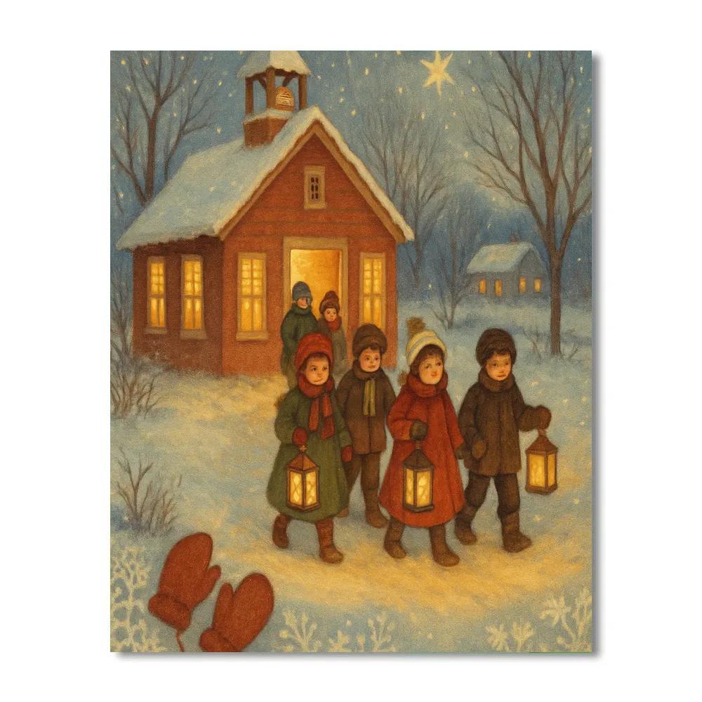 Snowbound Schoolhouse Lantern Walk painting number kit