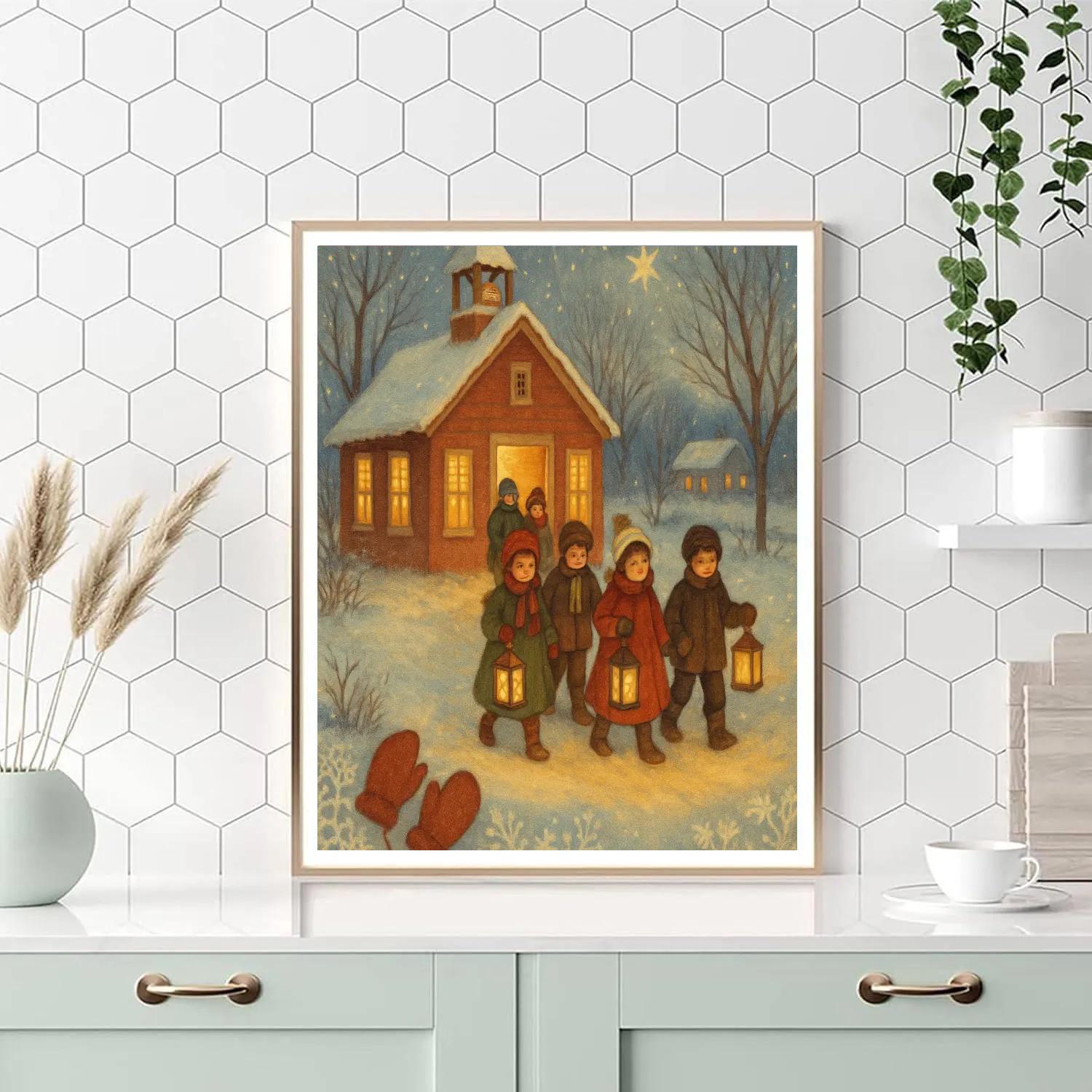 Snowbound Schoolhouse Lantern Walk painting number kit
