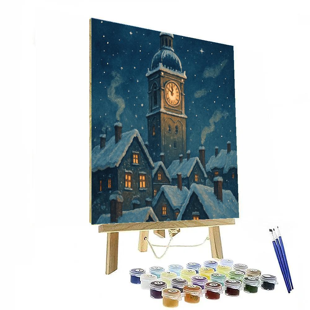 Snowy Bell Tower With Starlit Clock painting number kit