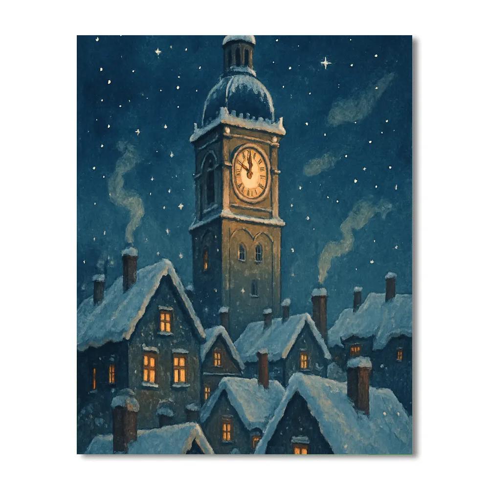 Snowy Bell Tower With Starlit Clock painting number kit