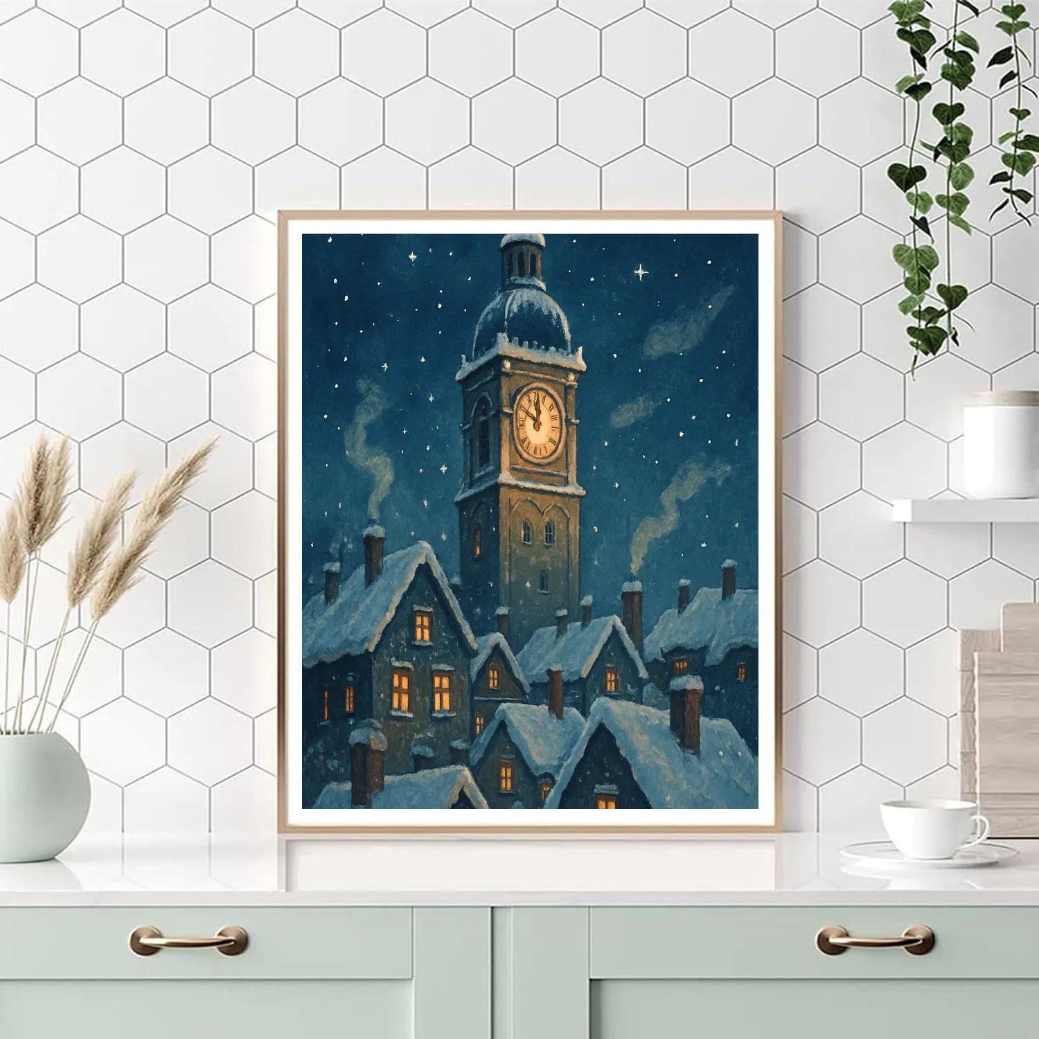 Snowy Bell Tower With Starlit Clock painting number kit