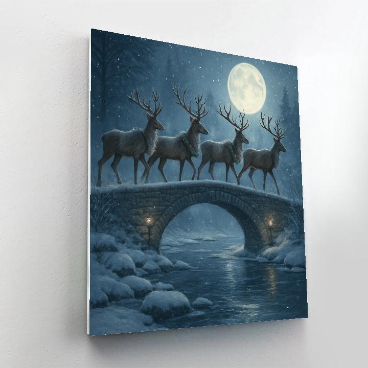 Christmas Reindeer Crossing Frozen Bridge paint by numbers
