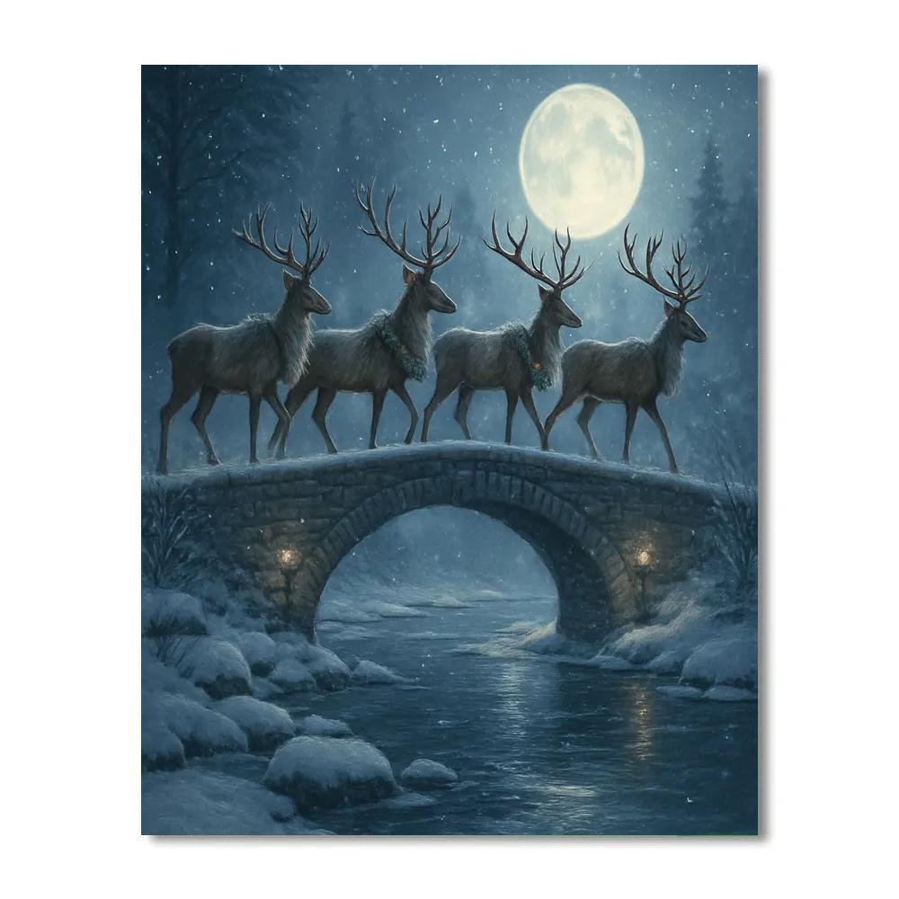 Christmas Reindeer Crossing Frozen Bridge paint by numbers