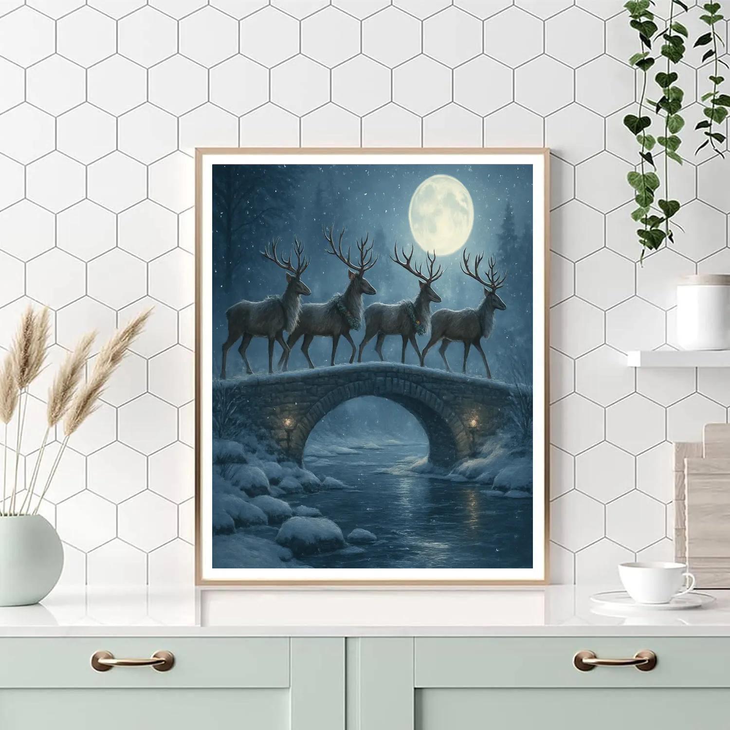 Christmas Reindeer Crossing Frozen Bridge paint by numbers
