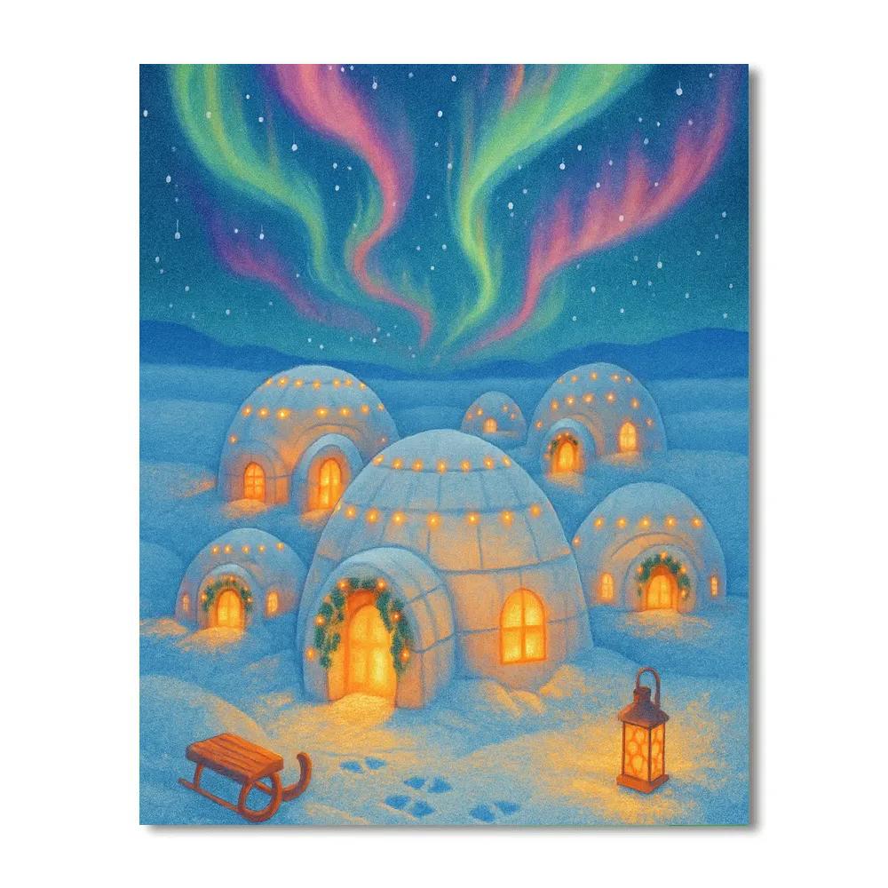 Christmas Igloo Village Under Ribbon Sky Number painting