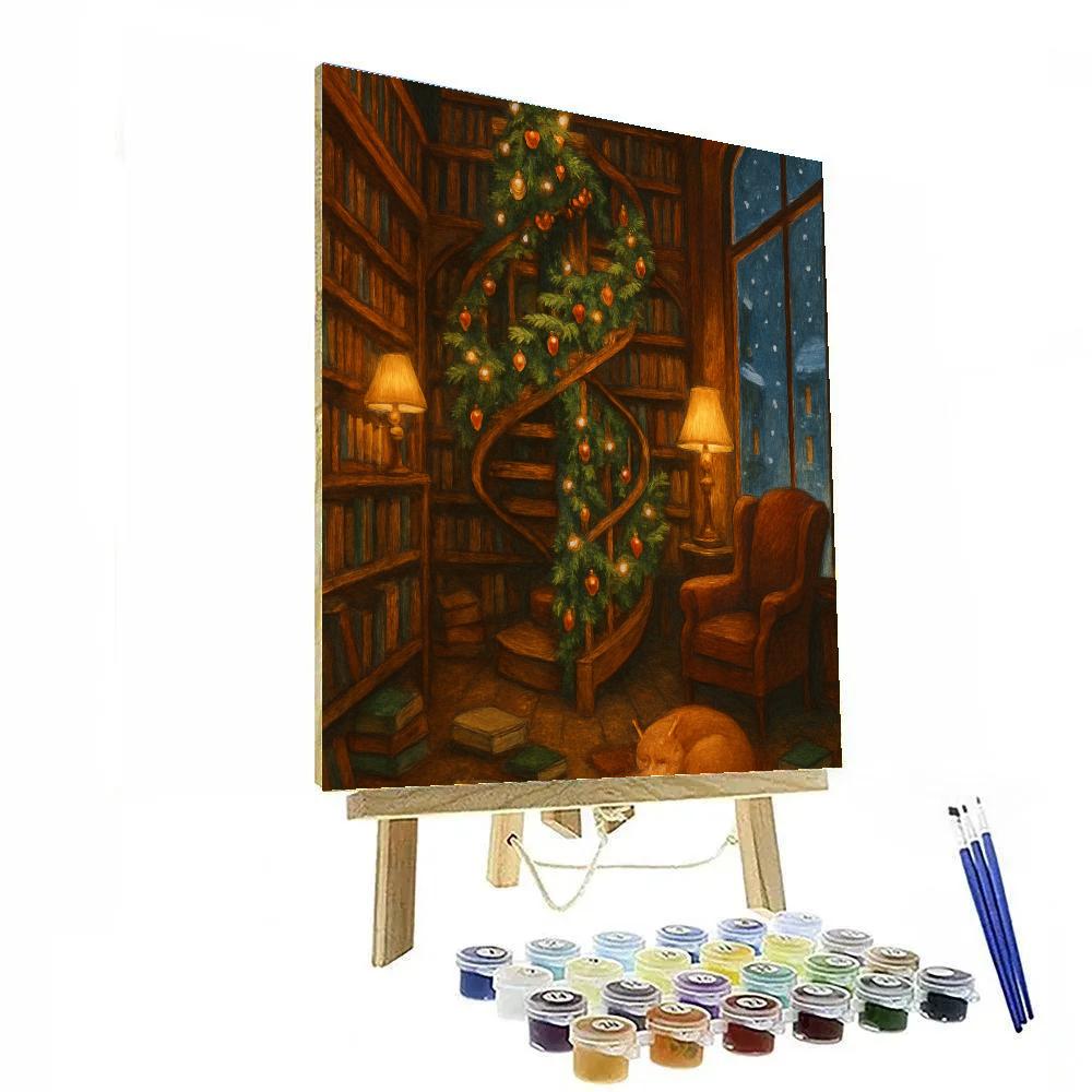 Snowy Bookshop With Evergreen Staircase DIY paint by numbers