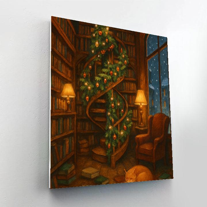 Snowy Bookshop With Evergreen Staircase DIY paint by numbers
