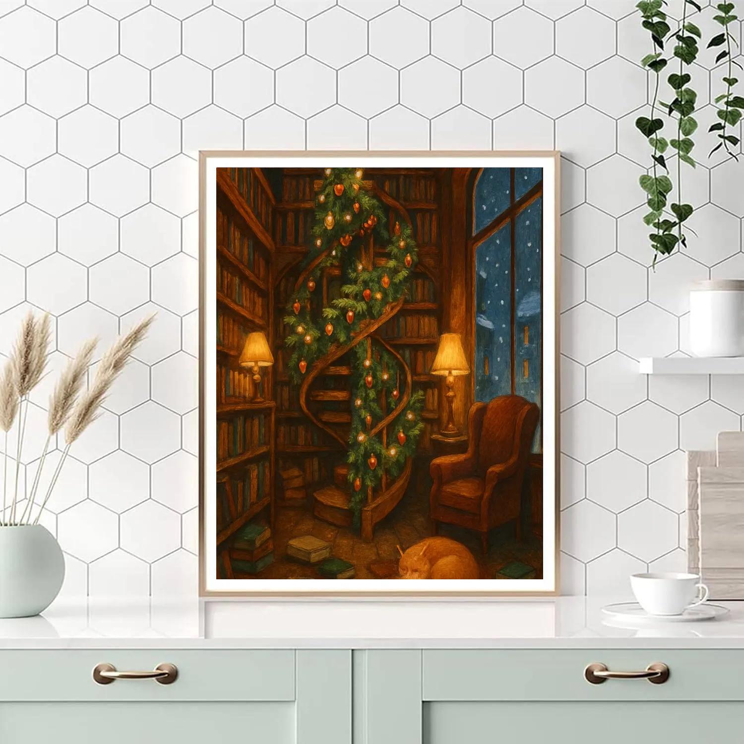 Snowy Bookshop With Evergreen Staircase DIY paint by numbers