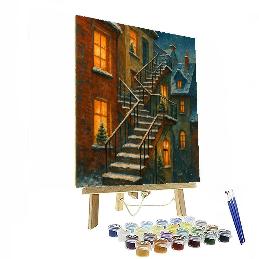Snowy Christmas Staircase Over City Roofs paint by numbers