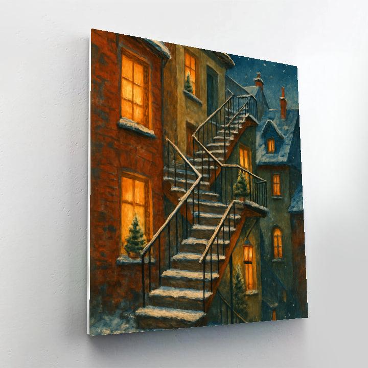 Snowy Christmas Staircase Over City Roofs paint by numbers