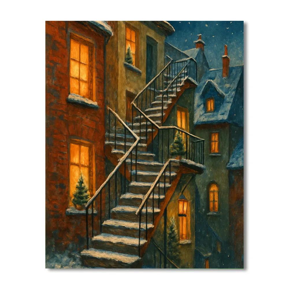 Snowy Christmas Staircase Over City Roofs paint by numbers