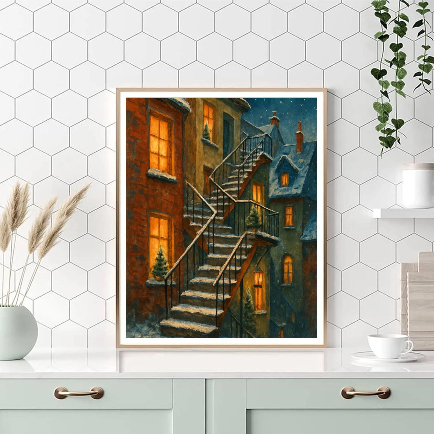 Snowy Christmas Staircase Over City Roofs paint by numbers