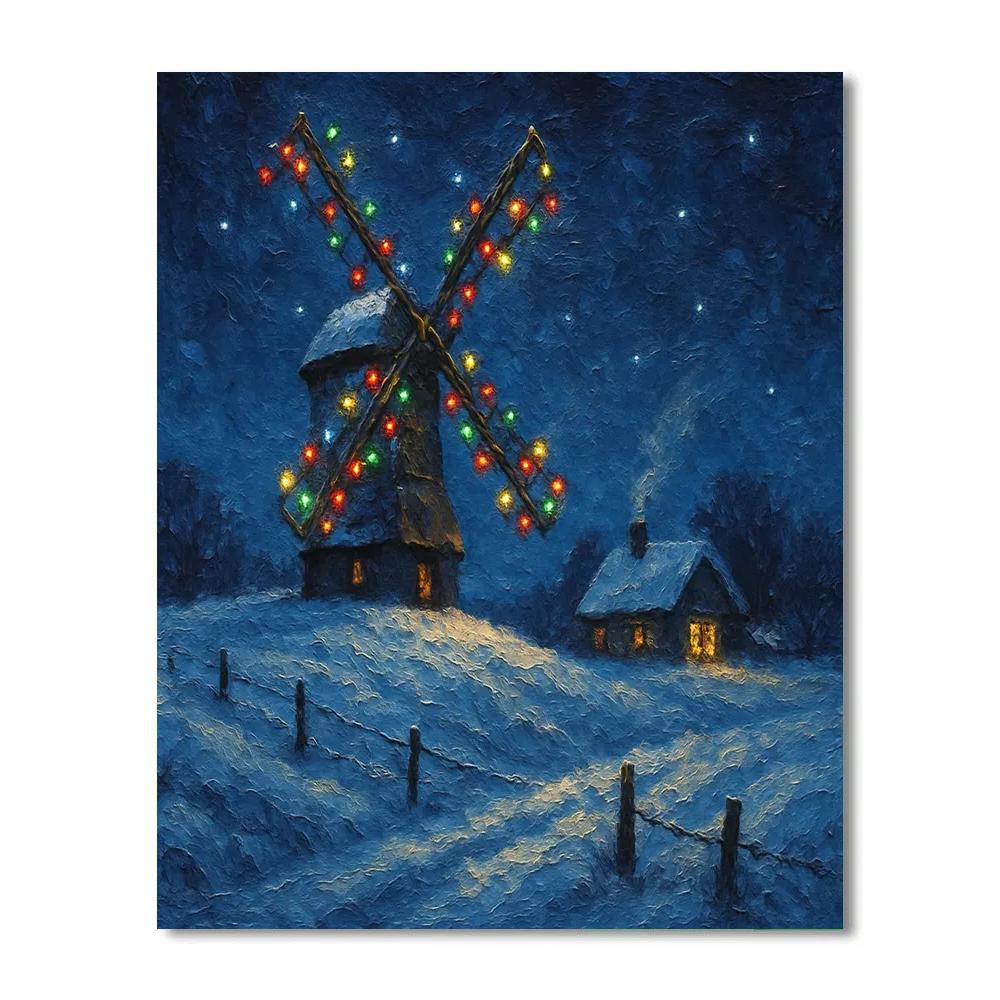 Snowbound Windmill Christmas Lights Paint by numbers art